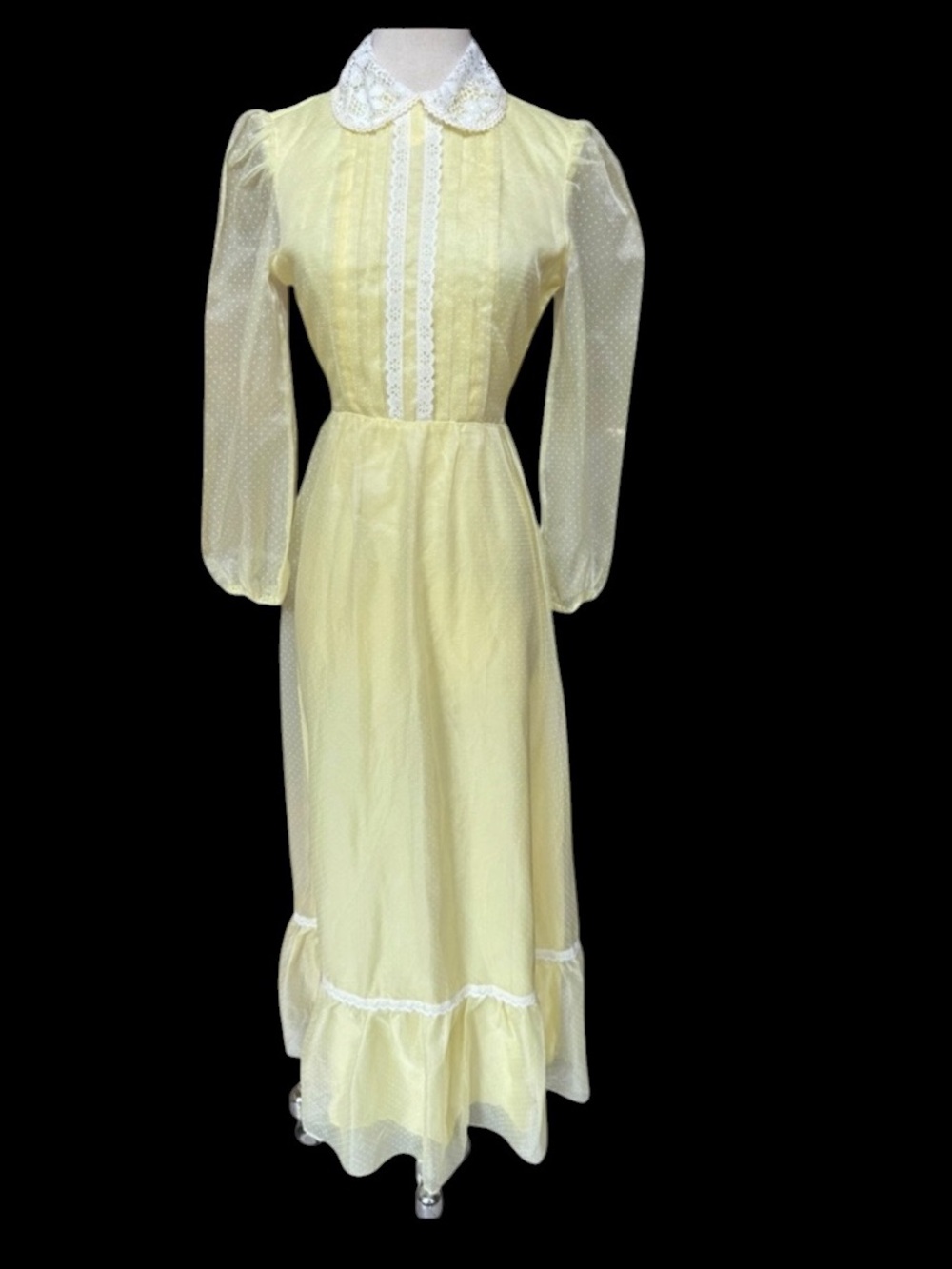 1970s Gunne Sax Style Polka Dot, Semi-Sheer Sleeves, Back Tie, Peter Pan Collar